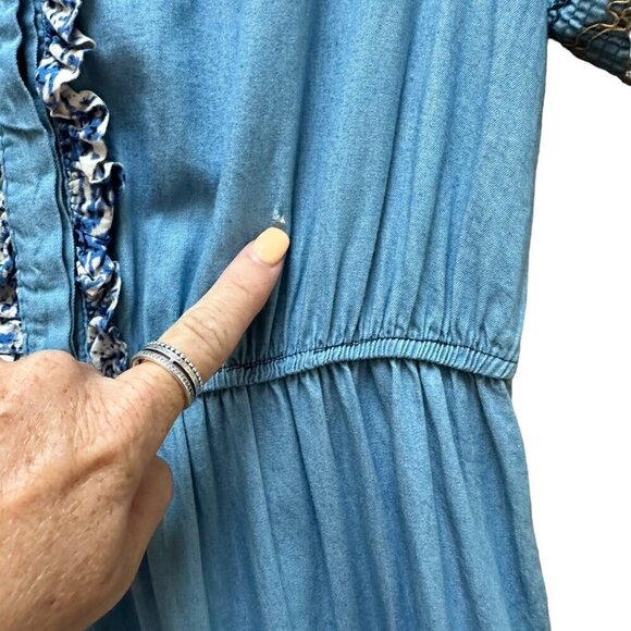 Red + Olive Bohemian Midi Dress Embroidered Details Ruffled Trim Cottage Size M - Picture 4 of 9